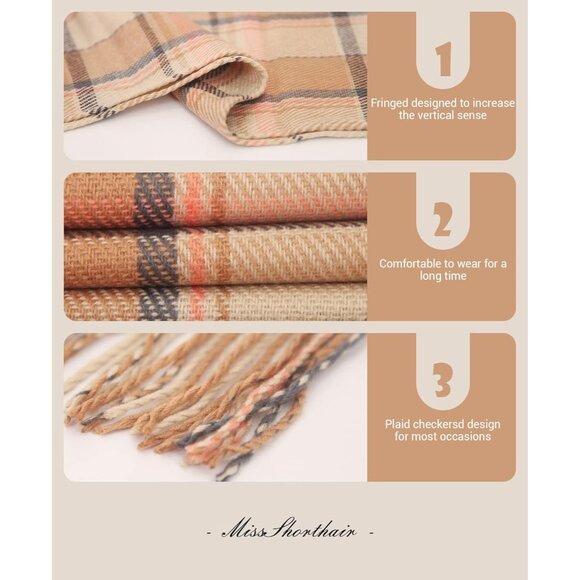 Women Beige Check Winter Warm Shawl Wraps Tartan Blanket Oversized Scarves - Picture 4 of 6